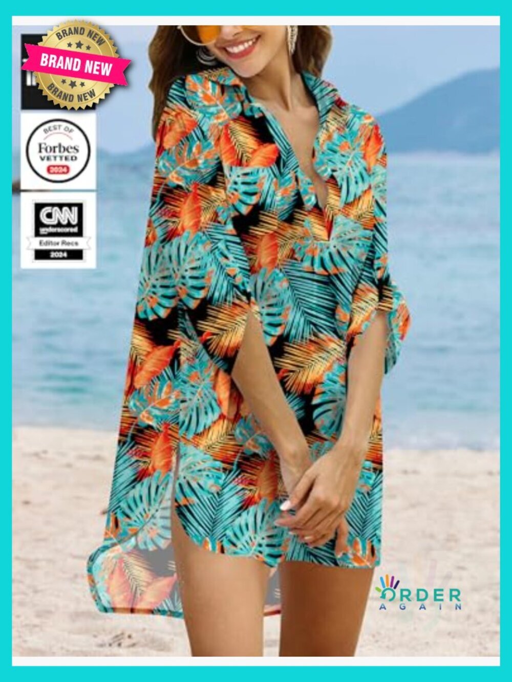 Loose Fit Half Sleeve Beach Cover Up Dress with V-Neck and Side Split - Picture 2 of 7